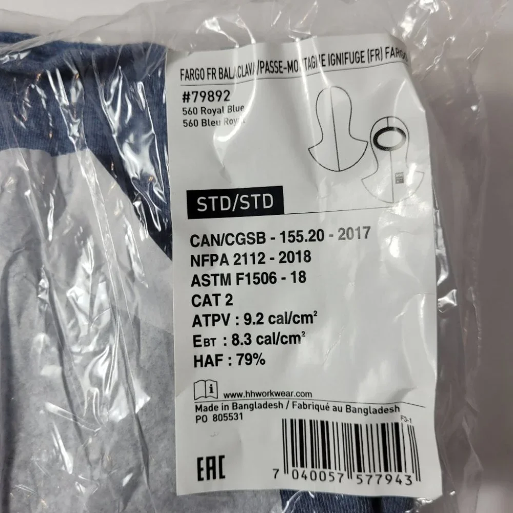 NWT Helly Hansen Workwear Fargo Flame Resistant Balaclava Royal Blue